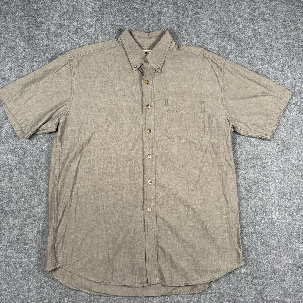 LL Bean Shirt Mens Large Regular Brown Chambray Short Sleeve Button Down Cotton